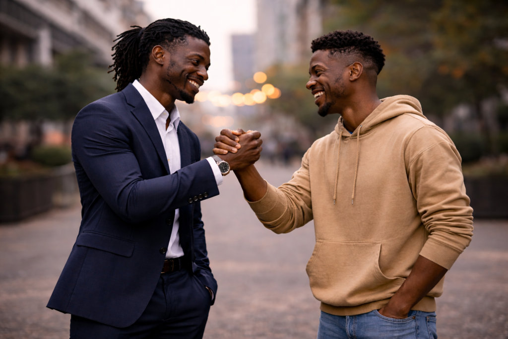 Pic of two black men one in a suit and one in casual clothes, giving each other a dap handshake