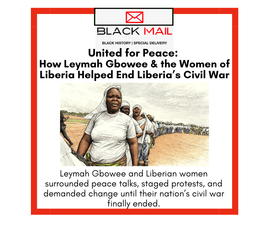 Leymah Gbowee with a white tshirt on and a line of black women in white tshirts behind her.