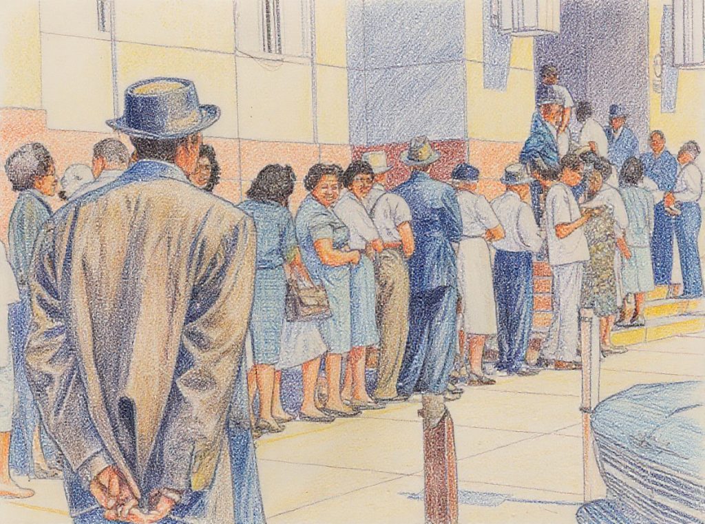 Sketch of black citizens lining up on Freedom Day 1963. They were attempting to vote at the courthouse but were turned away.